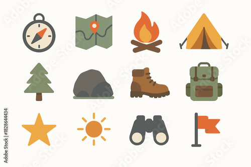 Compass boots outdoor rock tent icon map exploration binoculars icons vector tree