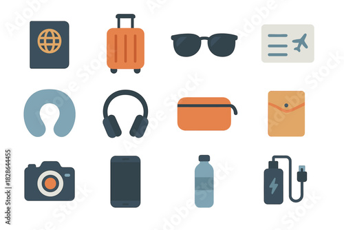 Icon essentials wallet pillow pass smartphone water passport travel vector icons boarding