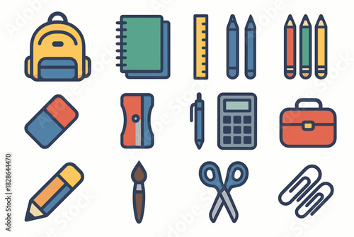 Lunchbox pen ruler icons backpack supplies icon calculator clips eraser vector school