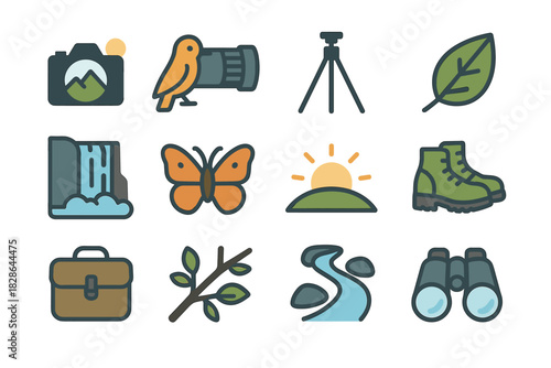 Sunrise nature camera tripod tree shoes icon vector leaf river photography branch
