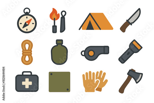 Icons whistle icon kit canteen outdoor compass tarp vector knife starter aid