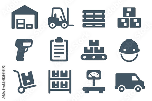 Warehouse vector barcode weighing stack pallet forklift set conveyor hand icon scale