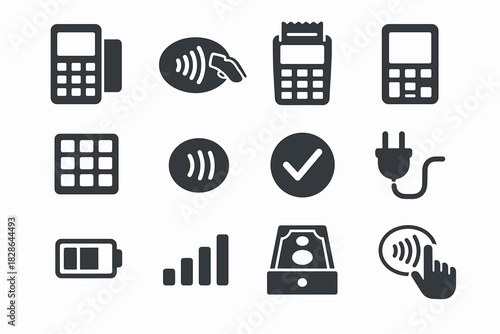 Tap receipt power keypad signal touchscreen payment check icons terminal cable icon
