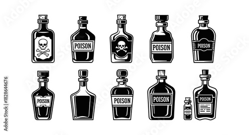 Collection of vintage poison bottles with skull and crossbones s