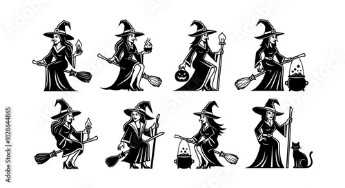 Set of Eight Vintage Halloween Witches with Brooms and Cauldrons