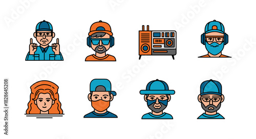 Collection of Diverse Hip Hop Style Avatars and a Boombox.