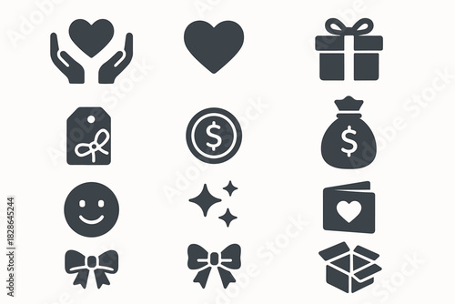 Icons thank card sparkles donation ribbon smile coin icon box vector lid