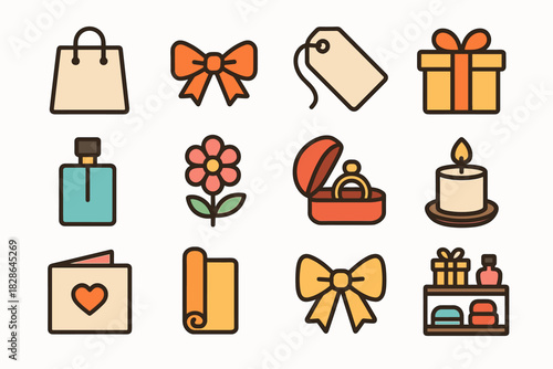 Gift wrapping paper icon vector display flower ribbon case tag shop bow