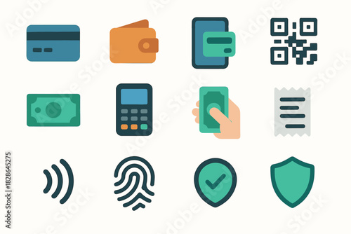 Qr terminal set cash shield vector banknote icon payment nfc receipt hand