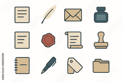 Quill stamp correspondence envelope folder wax vector seal paper icon bottle ink