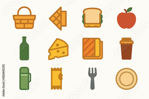 Vector picnic thermos basket bottle cup essentials fork snack bar icons icon