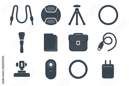 Mount lens gear bag camera icons icon adapter tripod battery vector filter