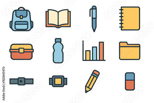 Folder backpack eraser icon buckle vector pen lunchbox student strap minimal pencil
