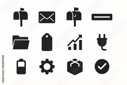 Vector letter mailbox icons flag envelope checkmark icon tag parcel slot minimal