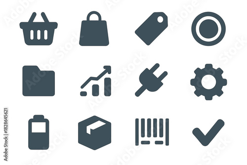 Vector barcode product tag checkmark set shopping gear basket icon coin bag