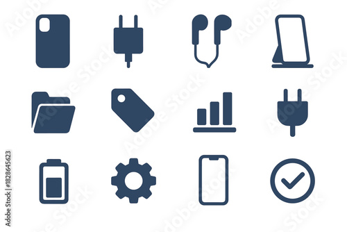 Case smartphone checkmark charger accessories stand tag battery icon protector earphones icons