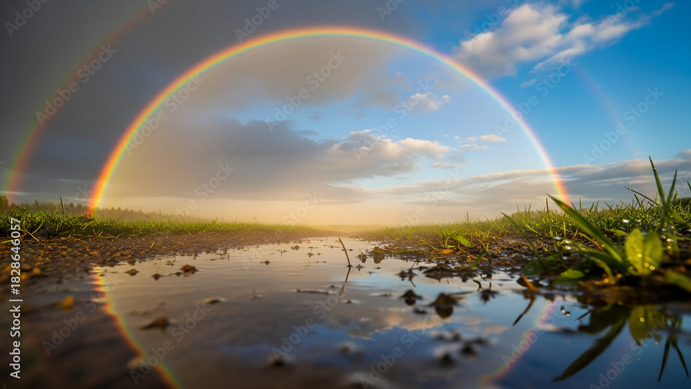 Fototapeta premium Atmospheric landscape with rainbow and reflections on wet ground
