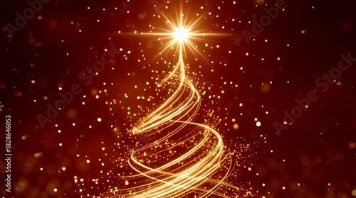 Golden light dances around a stylized Christmas tree, creating a magical festive atmosphere perfect for holiday greetings and seasonal promotions