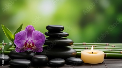 Purple orchid and stacked black stones with lit candle and bamboo flower bloom