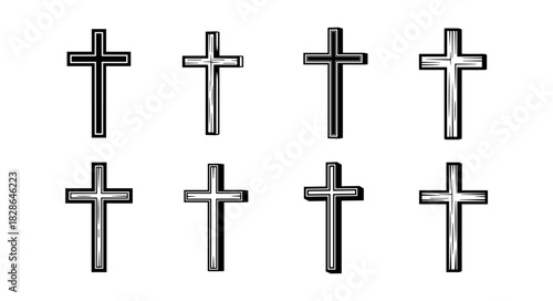 Collection of eight hand-drawn Christian crosses in a grid forma