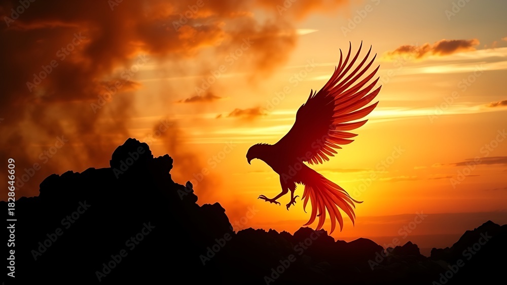 Obraz premium phoenix. Phoenix silhouette rising from ashes against a dawn sky, symbolic rebirth. wellbeing guides, coaching materials, designed for coaching and self-improvement content.
