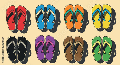 Colorful flip-flops collection on sand background
