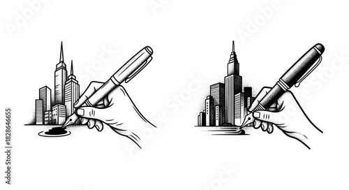 Hand holding pen writing on city skyline illustration.