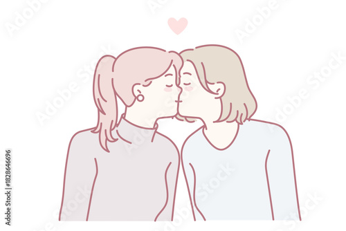 Happy women kissing show homosexual relationships. Gay couple enjoy relations. LGBT society concept. Vector illustration.