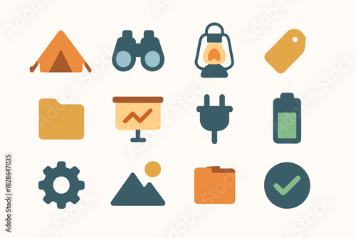 Mountain folder icons vector lantern plug binoculars gear battery set tag camping