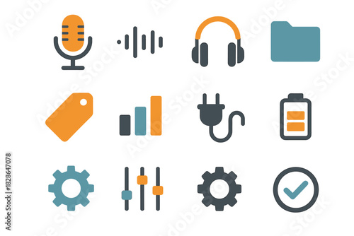 Wave mic podcast sound recording headphone icon chart tag plug set vector