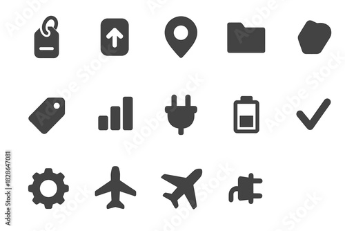 Chart code plane tag set icon destination gear vector silhouette symbol airport