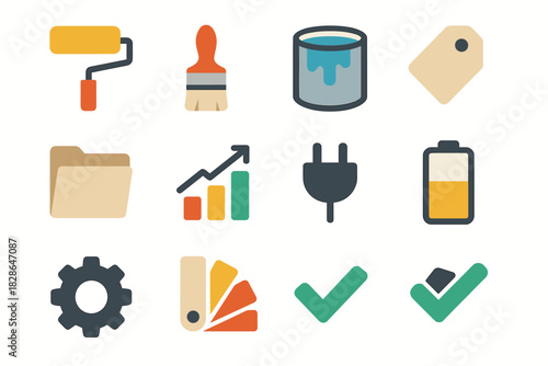 Paint plug vector icon battery checkmark swatch tag folder tools roller icons