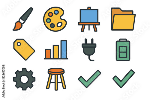 Battery chart gear icons stool palette paint checkmark easel workshop vector icon