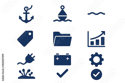 Floating icons flat vector folder rope checkmark icon chart seabed tag nautical