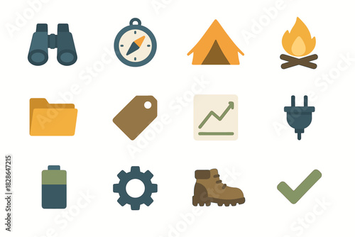Hiking icon tag plug vector campfire battery tent outdoor explorer boot compass