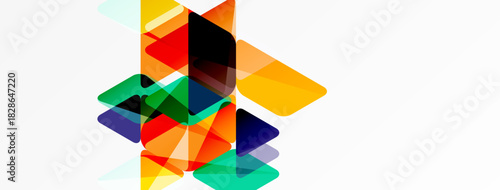 Abstract geometric shapes overlap, creating vibrant colorful composition. Minimalist design with transparency effects. Modern aesthetic.