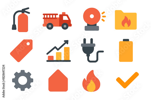 Gear checkmark station icons chart extinguisher fire bell vector battery plug icon