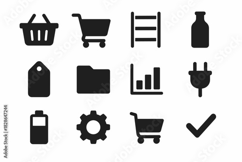 Set cart icon supermarket shelf vector tag checkmark folder basket battery bottle