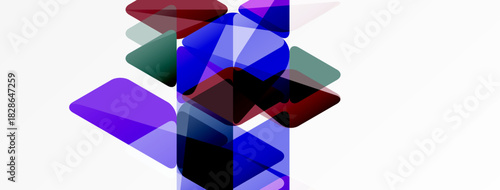 Abstract composition featuring overlapping squares. Colors include purple, blue, red, green, white background creates visual depth.