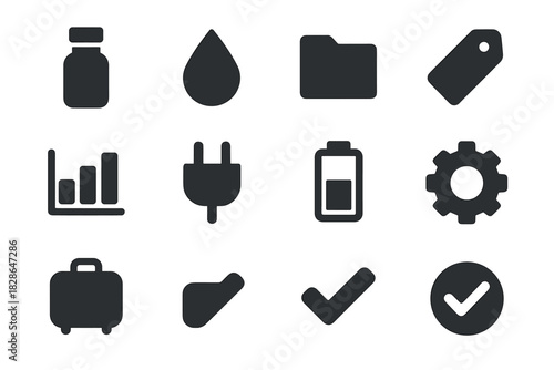 Tag bottle compact vector checkmark suitcase plug icon set folder travel lid