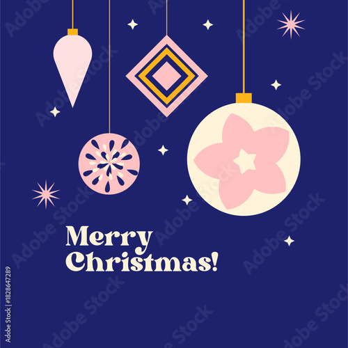 Christmas greeting card with hanging ball decoration vector illustration
