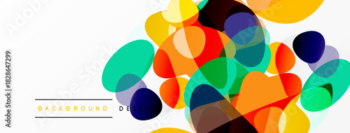 Abstract colorful shapes overlap white space. Modern design elements create vibrant visual texture. Background features text labels below.