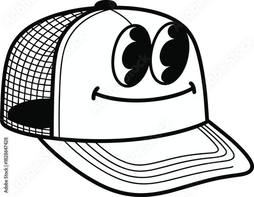 Retro trucker hat cartoon character with big eyes, black and white line art vector illustration, isolated on white background.