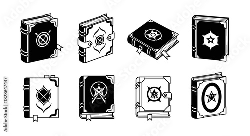 Collection of eight stylized magical spell books with unique sym