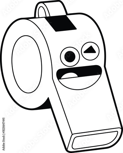 Cute whistle cartoon character with funny face, black and white line art vector illustration, sports referee mascot, isolated on white.