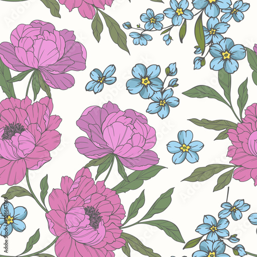 Botanical Background with peony flowers and leaves soft pastel tones. Floral Seamless background Illustration. Floral Seamless Pattern. Botanical pattern for wrapping paper, textile, fabric prints