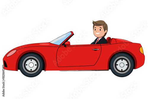 Cute Cartoon Man Driving Red Convertible Sports Car Illustration