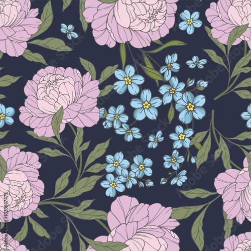 Botanical Background with peony flowers and leaves soft pastel tones. Floral Seamless background Illustration. Floral Seamless Pattern. Botanical pattern for wrapping paper, textile, fabric prints