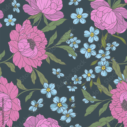 Botanical Background with peony flowers and leaves soft pastel tones. Floral Seamless background Illustration. Floral Seamless Pattern. Botanical pattern for wrapping paper, textile, fabric prints