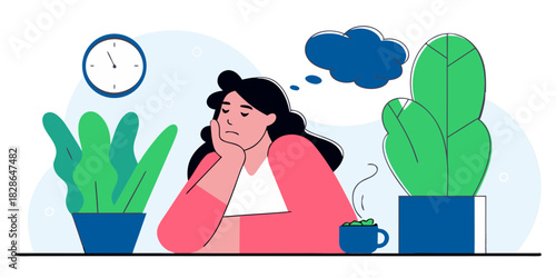 illustration of a troubled woman at a desk surrounded by plants, clock, and coffee